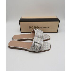 Bcbgeneration White Silver Woven Slide Sandals With Buckle 10M NEW